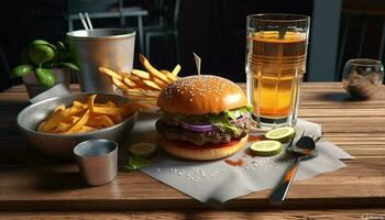 grillé cheeseburger et frites, une classique repas généré par ai photo