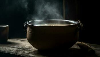 chaud café vapeurs sur rustique en bois table généré par ai photo