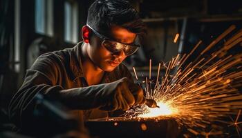 caucasien métal ouvrier soudage acier avec compétence généré par ai photo