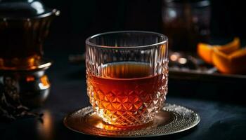 luxe whisky sur rustique tableau, une fête généré par ai photo