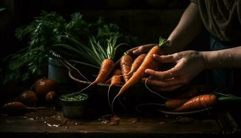 rustique main détient Frais biologique racine des légumes généré par ai photo