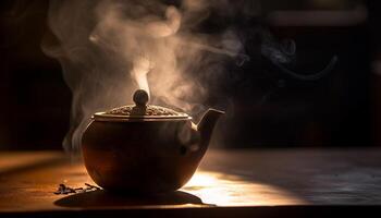 chaud thé vapeurs de vieux façonné théière sur table généré par ai photo