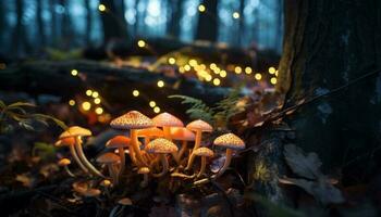 comestible champignon vénéneux casquettes éclairer l'automne forêt beauté généré par ai photo