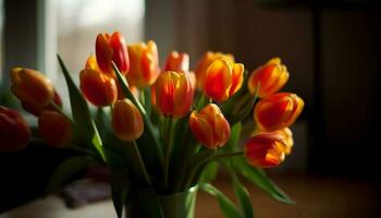 une vibrant bouquet de Frais tulipes dans Floraison généré par ai photo