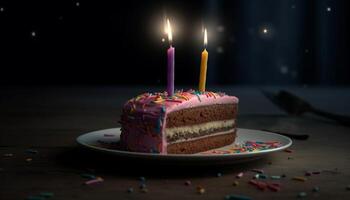 anniversaire fête avec gâteau, bougies, et confettis généré par ai photo