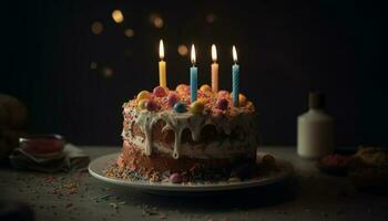 anniversaire gâteau en feu avec bougies, sucré indulgence généré par ai photo