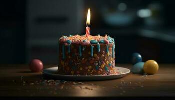 anniversaire fête avec gâteau, bougies, et confettis généré par ai photo