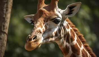 Pointé girafe pâturage sur vert savane herbe généré par ai photo