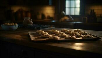 fait maison Chocolat puce biscuits cuit dans cuisine généré par ai photo