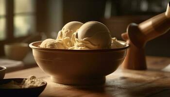 indulgent fait maison la glace crème sundae sur rustique table généré par ai photo