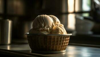 Frais fait maison la glace crème dans rustique cuisine généré par ai photo