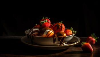 mûr baie dessert sur en bois assiette satisfait sucré dent généré par ai photo