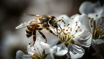 occupé abeille pollinise fleur, collecte Frais pollen généré par ai photo