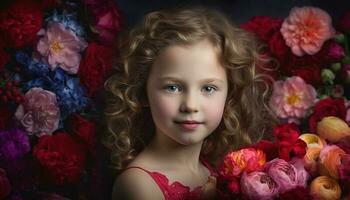 mignonne frisé aux cheveux fille souriant avec fleur bouquet généré par ai photo