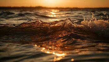 lever du soleil plus de tranquille paysage marin, vagues reflétant beauté généré par ai photo