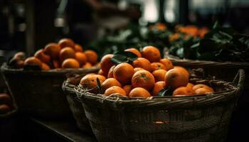 une rustique osier panier de Frais agrumes fruit généré par ai photo