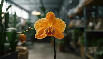 Célibataire papillon de nuit orchidée dans rose vase à l'intérieur généré par ai photo