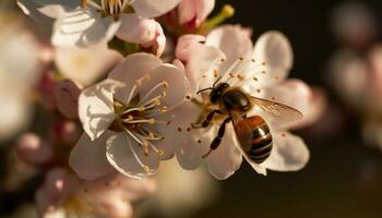 mon chéri abeille pollinise fleur, collecte Frais pollen généré par ai photo