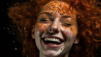 frisé aux cheveux beauté jouit humide nuit fête, souriant généré par ai photo