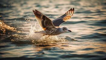 mouette se répand ailes, planant milieu air plus de littoral généré par ai photo