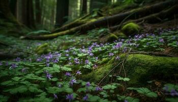 tranquille scène Frais fleurs Floraison dans forêt généré par ai photo