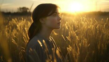 serein femme jouit tranquille lever du soleil dans Prairie généré par ai photo