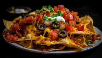 grillé du boeuf taco assiette avec Frais guacamole généré par ai photo