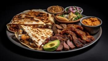 grillé du boeuf taco assiette avec Frais guacamole généré par ai photo