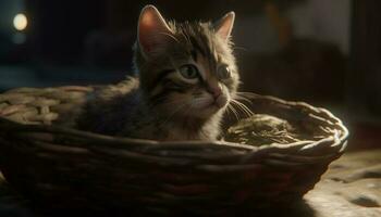 duveteux chaton séance dans panier, regarder avec curiosité généré par ai photo