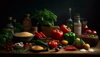 Frais des légumes et herbes sur rustique en bois table généré par ai photo