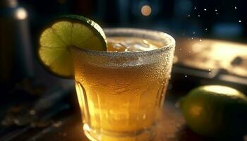 une rafraîchissant cocktail avec citron vert et la glace généré par ai photo