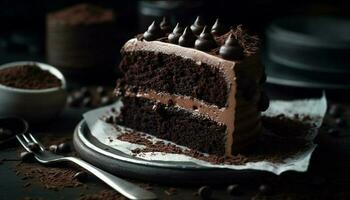 une décadent tranche de fait maison foncé Chocolat gâteau généré par ai photo