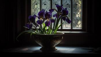 une Frais bouquet de violet fleurs décore table généré par ai photo