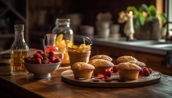 fraîchement cuit muffins sur rustique en bois table généré par ai photo