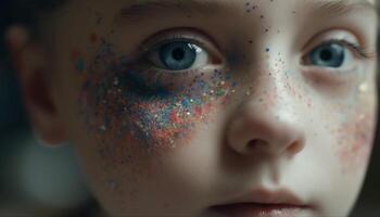 mignonne enfant avec coloré visage peindre sourit joyeusement généré par ai photo