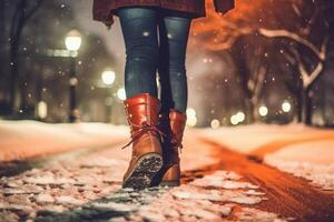 retour vue de proche en haut de une femme jambe en marchant dans neigeux hiver nuit parc. ai génératif photo