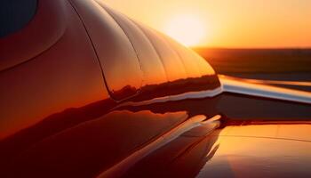 le coucher du soleil conduire sur incurvé asphalte route, des sports voiture reflète vibrant ciel généré par ai photo