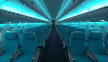 les passagers séance dans une rangée sur une moderne bleu avion généré par ai photo