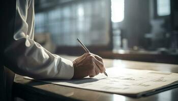 un homme d'affaire séance à bureau en portant plan, Planification construction industrie généré par ai photo