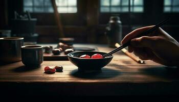 en bonne santé repas sur en bois table avec Frais fruit et myrtilles généré par ai photo