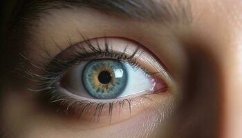 caucasien femme bleu œil en regardant, macro vue de iris et cil généré par ai photo