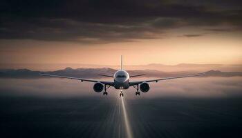le coucher du soleil périple sur une commercial avion prise de dans le ciel généré par ai photo