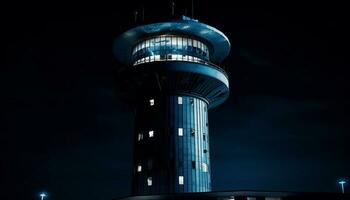 moderne architecture illumine ville horizon avec bleu rétro-éclairé acier silhouette généré par ai photo