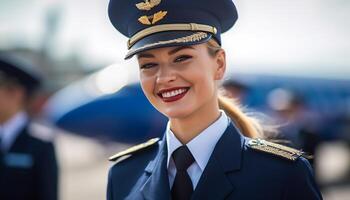 souriant Jeune adulte caucasien femmes dans cabine équipage uniforme à la recherche sur de soi généré par ai photo