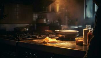 en bonne santé fait maison repas préparation dans une commercial cuisine avec acier équipement généré par ai photo
