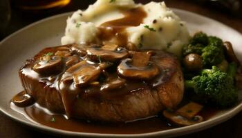 grillé steak et en purée patates, une sarriette principale cours indulgence généré par ai photo