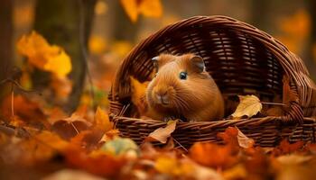 petit velu rongeur est assis dans osier panier avec l'automne citrouille généré par ai photo