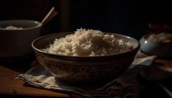 biologique basmati riz dans en bois bol, une en bonne santé repas agrafe généré par ai photo