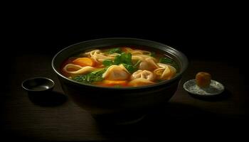 en bonne santé fait maison légume nouille soupe avec porc et Dumplings généré par ai photo