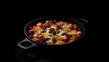 en bonne santé végétarien repas cuit dans une gourmet cuisine avec Frais des légumes généré par ai photo